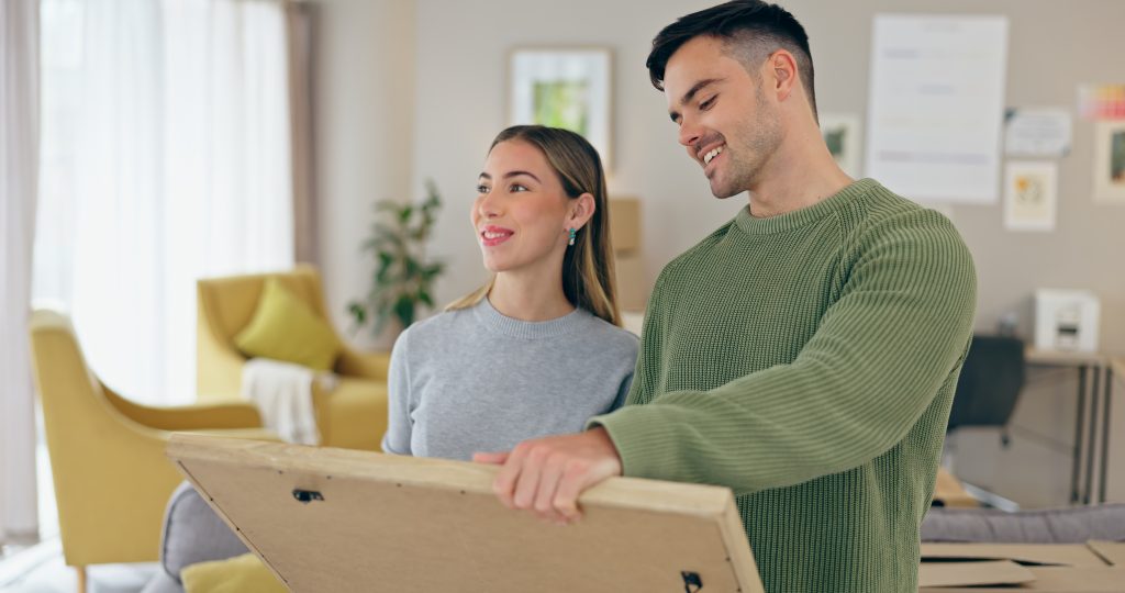 homem motrando um quadro para esposa dentro do apartamento